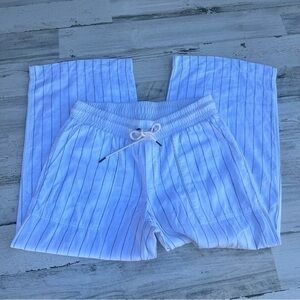 Athleta Linen Bali Crop‎ Pants 4 Womens Wide Leg White Stripes Drawstring Waist